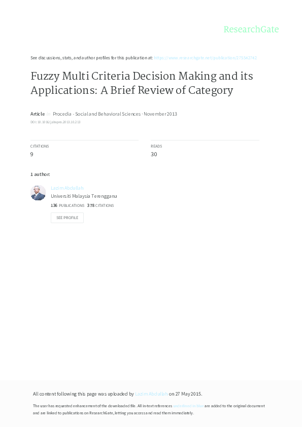 (PDF) Fuzzy Multi Criteria Decision Making and its Applications: A ...