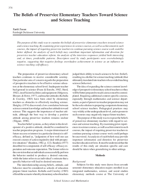 (PDF) The beliefs of preservice elementary teachers toward science and ...