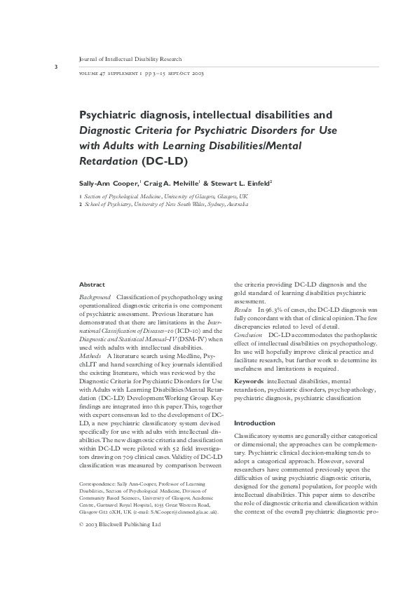 (PDF) Psychiatric diagnosis, intellectual disabilities and Diagnostic Criteria for Psychiatric