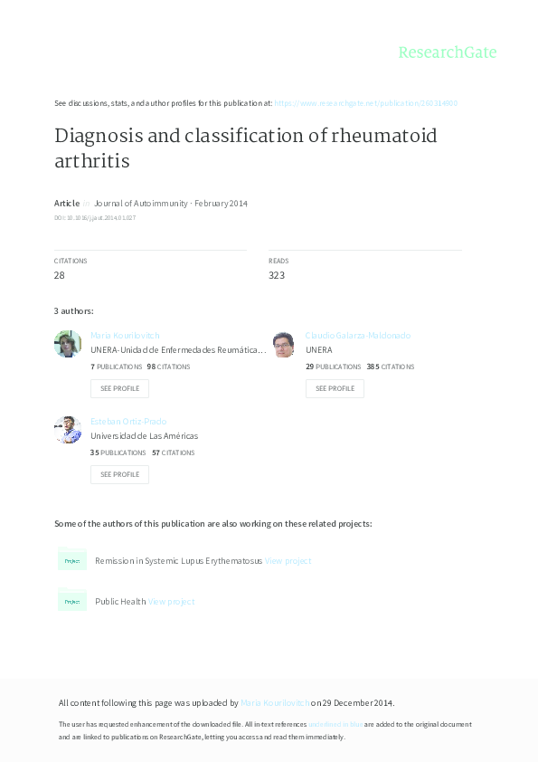 (PDF) Diagnosis and classification of rheumatoid arthritis
