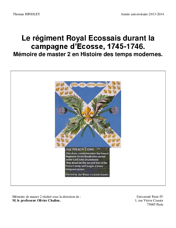 Le régiment Royal Ecossais 1743-1746, mémoire de Master, 2014