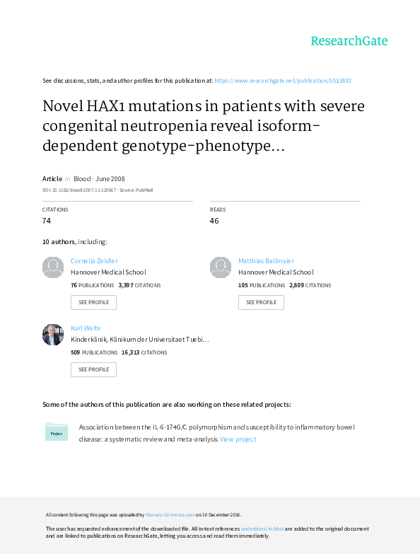 (PDF) Novel HAX1 mutations in patients with severe congenital ...