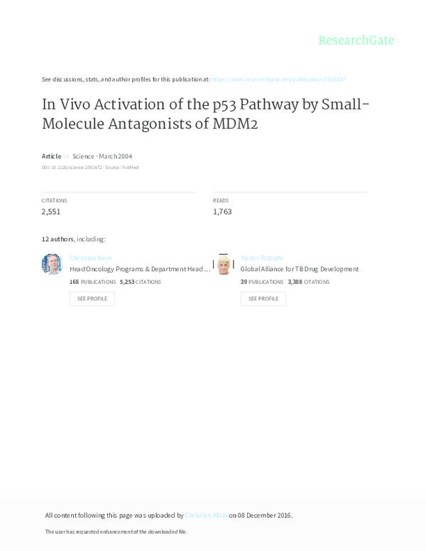 (PDF) In Vivo Activation of the p53 Pathway by Small-Molecule ...