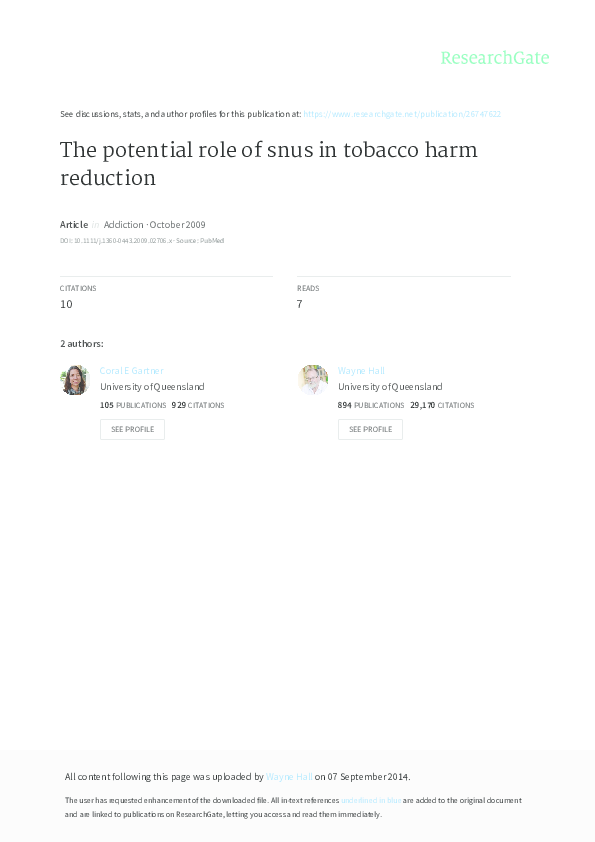 (PDF) THE POTENTIAL ROLE OF SNUS IN TOBACCO HARM REDUCTION
