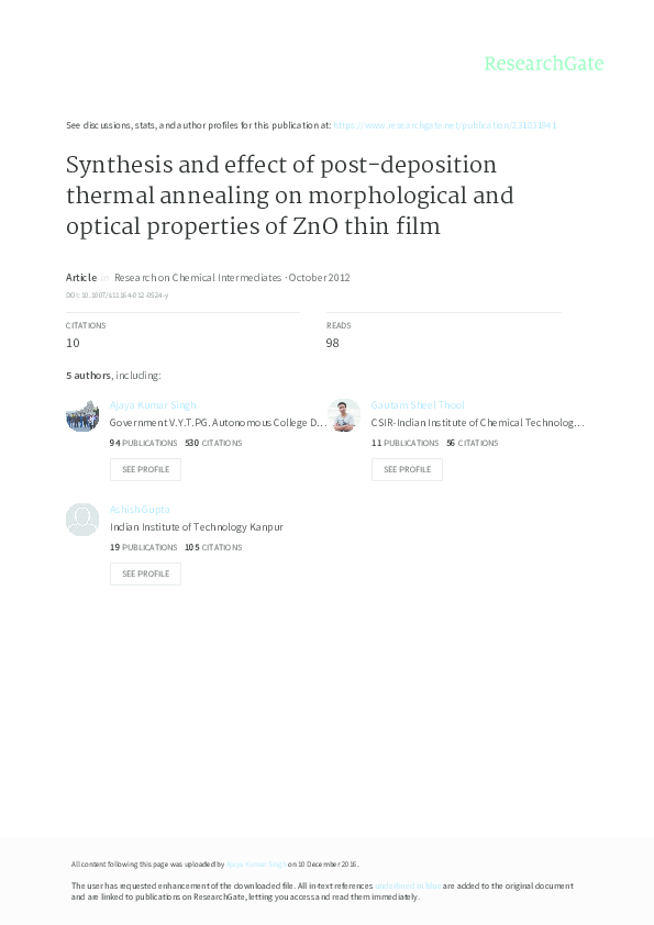 (PDF) Synthesis and effect of post-deposition thermal annealing on ...
