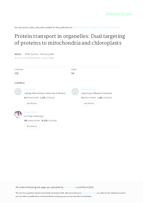 (PDF) Protein transport in organelles: Dual targeting of proteins to ...