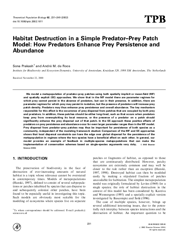 (PDF) Habitat destruction in a simple predatorprey patch model how