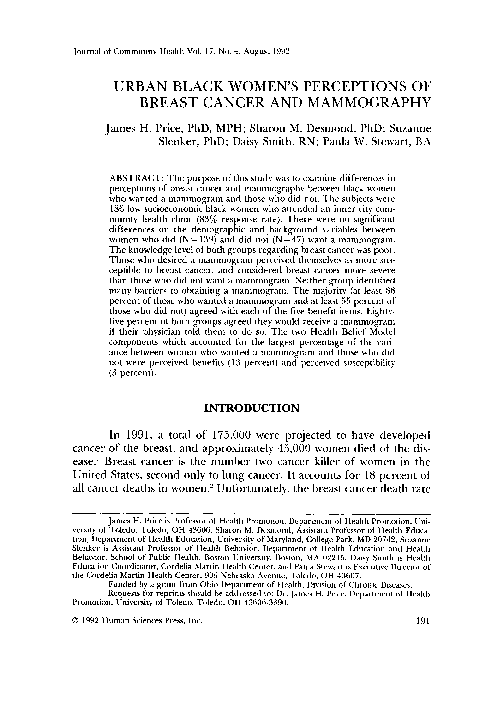 (PDF) Urban black women's perceptions of breast cancer and mammography