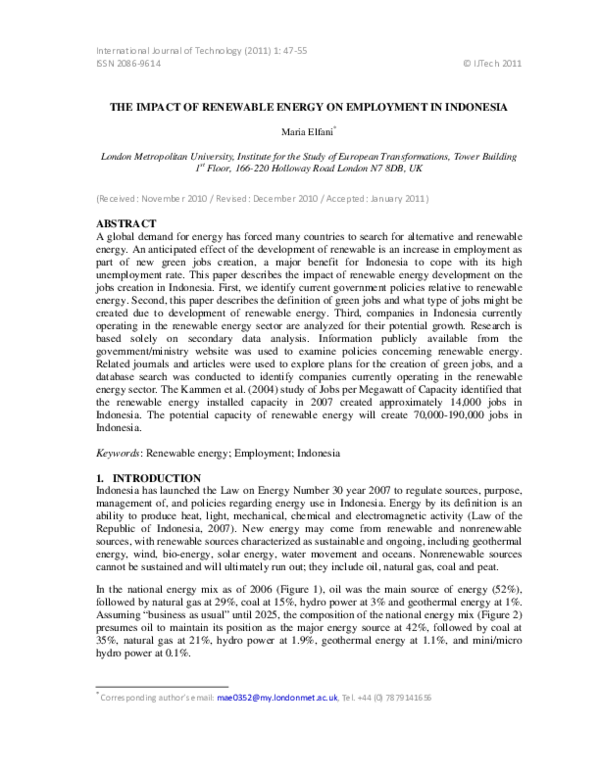 (PDF) THE IMPACT OF RENEWABLE ENERGY ON EMPLOYMENT IN INDONESIA