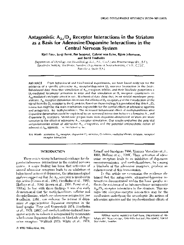  PDF Antagonistic A2a D2 Receptor Interactions In The Striatum As A