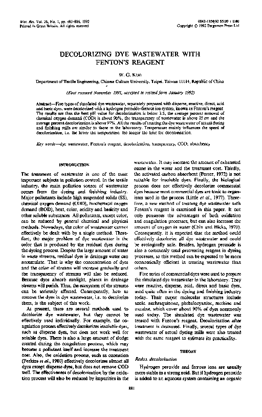 (PDF) Decolorizing dye wastewater with Fenton's reagent