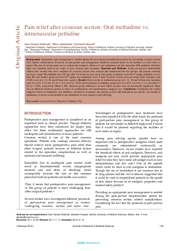 (PDF) Pain relief after cesarean section Oral methadone vs