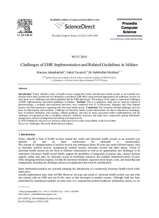 (PDF) Challenges of EHR implementation and related guidelines in Isfahan