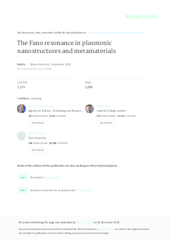 (PDF) The Fano resonance in plasmonic nanostructures and metamaterials