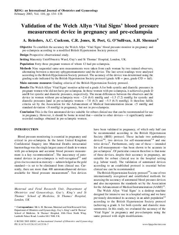 (PDF) Validation of the Welch Allyn 'Vital Signs' blood pressure