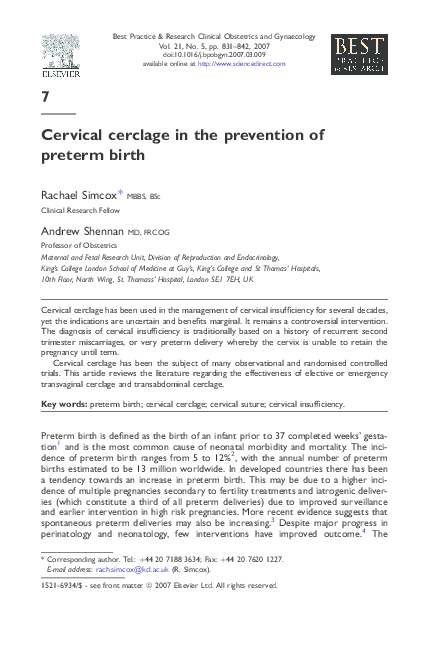 (PDF) Cervical cerclage in the prevention of preterm birth