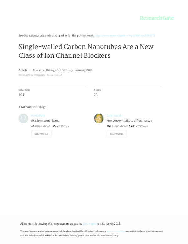 (PDF) Single-walled Carbon Nanotubes Are a New Class of Ion Channel ...