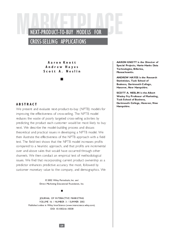 (PDF) Next‐product‐to‐buy models for cross‐selling applications | Scott