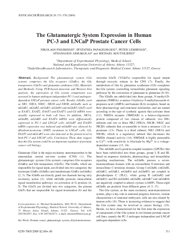 (PDF) The glutamatergic system expression in human PC-3 and LNCaP ...