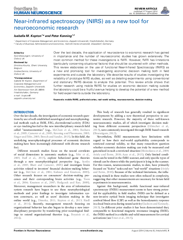 (PDF) Near-infrared spectroscopy (NIRS) as a new tool for neuroeconomic ...