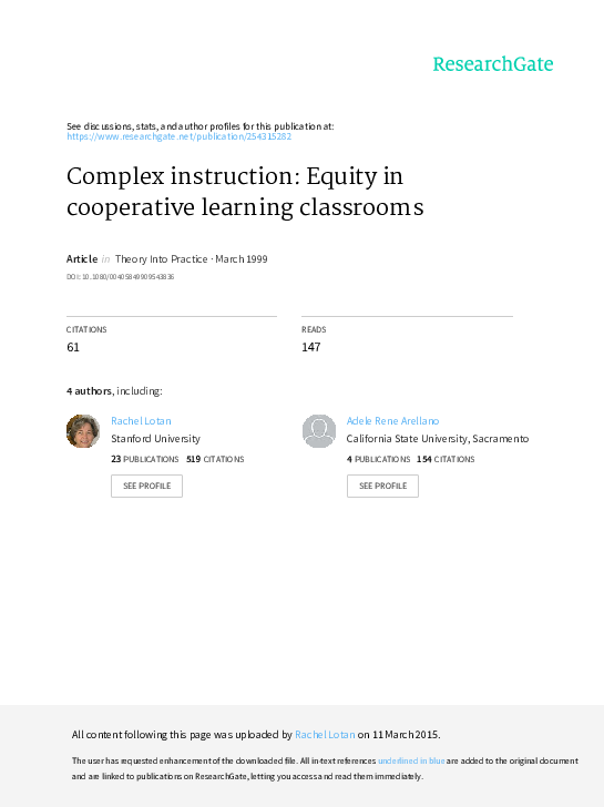 (PDF) Complex instruction: Equity in cooperative learning classrooms