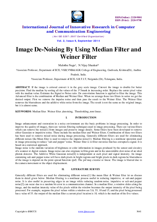 (PDF) Image De-Noising By Using Median Filter and Weiner Filter