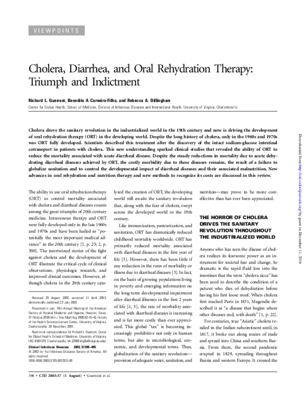 (PDF) Cholera, Diarrhea, and Oral Rehydration Therapy Triumph and