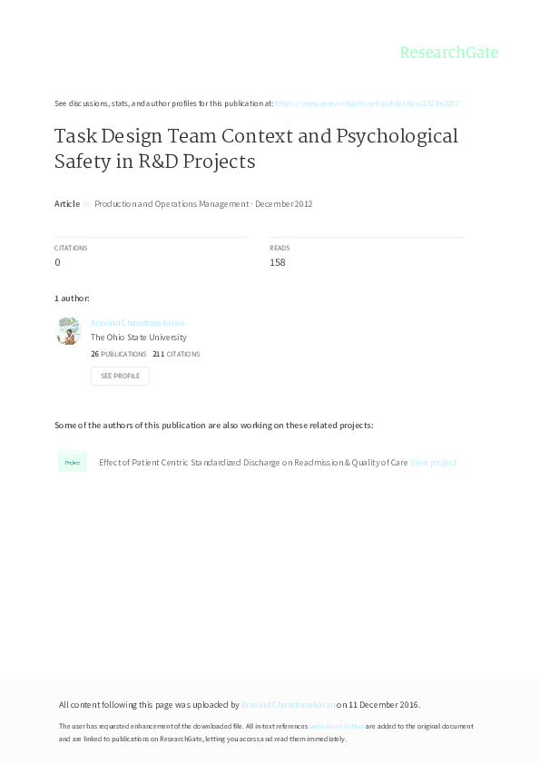 (PDF) Task Design, Team Context, and Psychological Safety: An Empirical ...