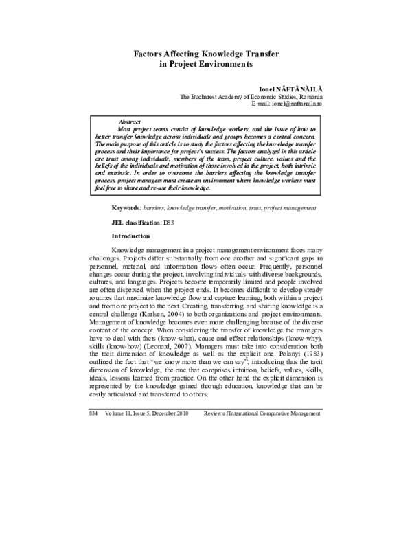 (PDF) Factors Affecting Knowledge Transfer in Project Environments