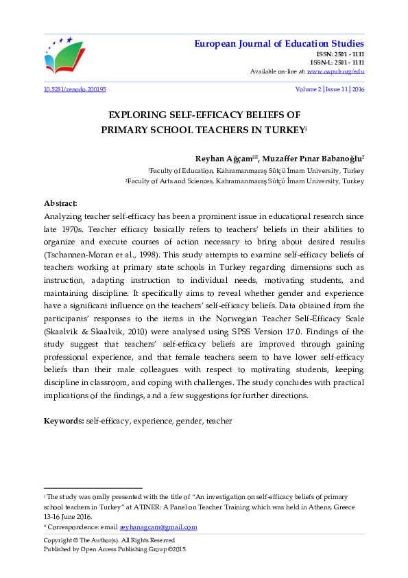(PDF) EXPLORING SELF-EFFICACY BELIEFS OF PRIMARY SCHOOL TEACHERS IN TURKEY