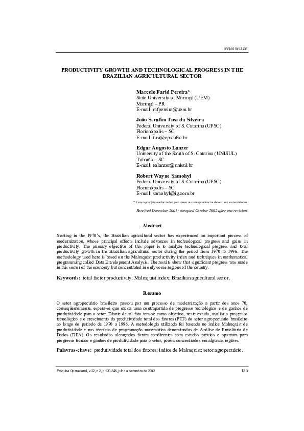 Pdf Productivity Growth And Technological Progress In The Brazilian