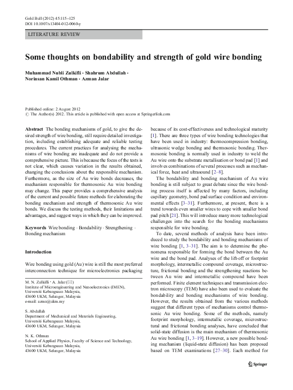 (PDF) Some thoughts on bondability and strength of gold wire bonding