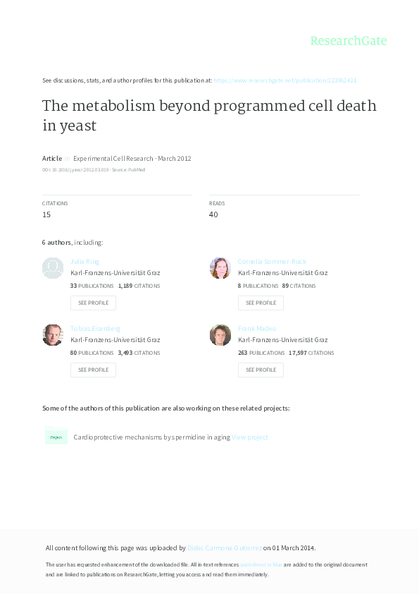 (PDF) The metabolism beyond programmed cell death in yeast