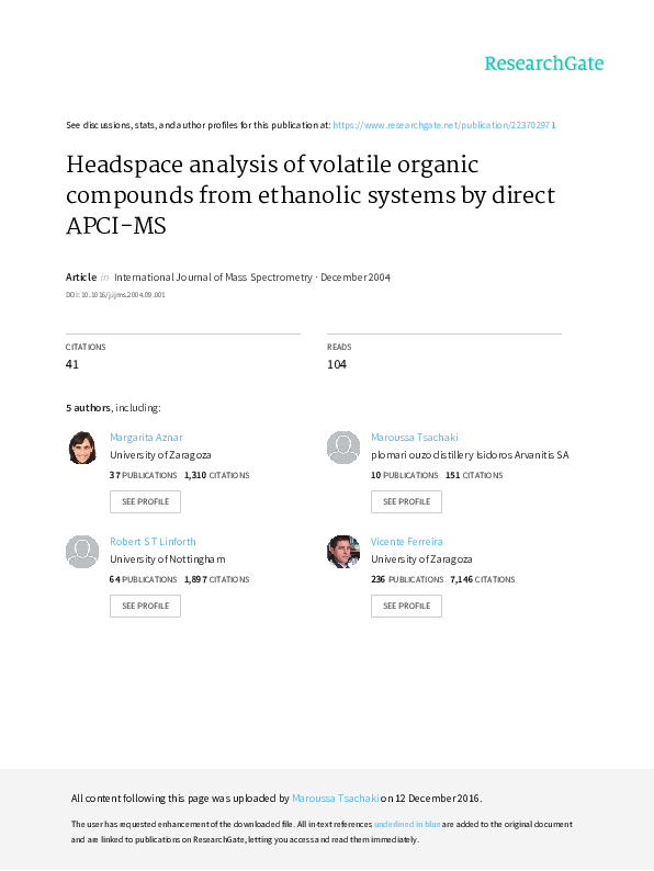 (PDF) Headspace analysis of volatile organic compounds from ethanolic systems by direct APCIMS