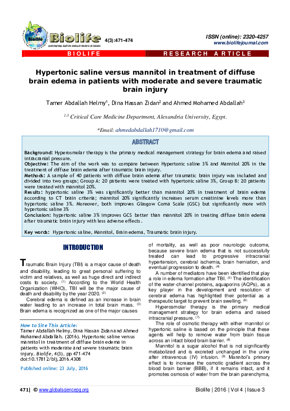 (PDF) Hypertonic saline versus mannitol in treatment of diffuse brain ...