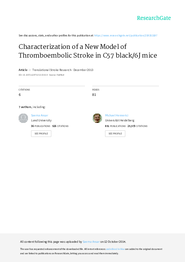 (PDF) Characterization of a New Model of Thromboembolic Stroke in C57 ...