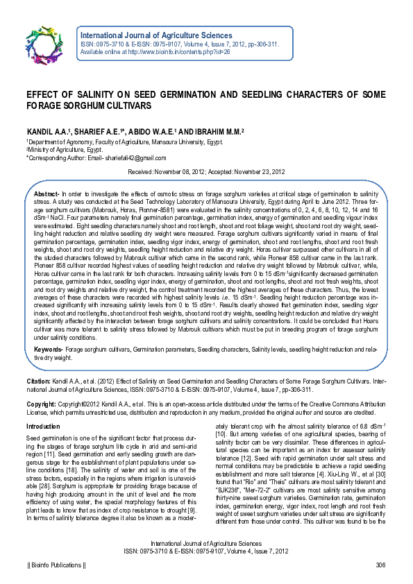 (PDF) Effect of salinity on seed germination and seedling characters of ...