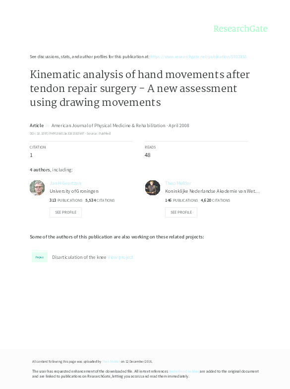 (PDF) Kinematic Analysis of Hand Movements After Tendon Repair Surgery