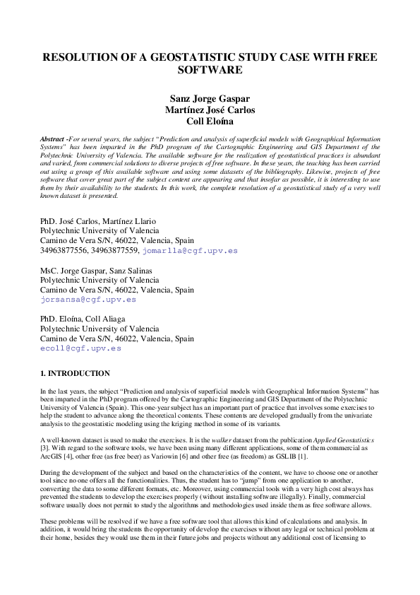 (PDF) Resolution of a Geostatistic Study Case with Free Software