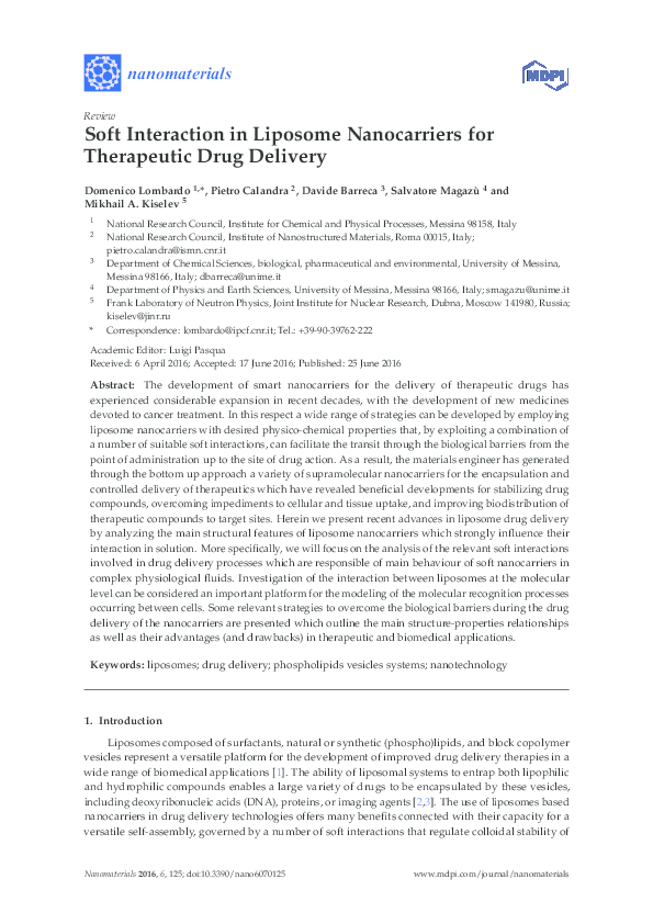 (PDF) Soft Interaction in Liposome Nanocarriers for Therapeutic Drug ...