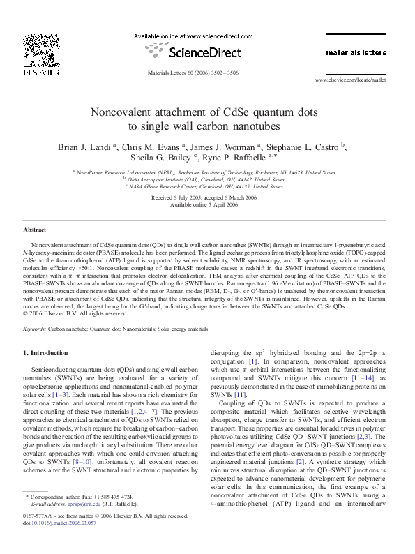 (PDF) Noncovalent attachment of CdSe quantum dots to single wall carbon ...