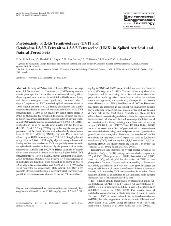 (PDF) Phytotoxicity of 2, 4, 6trinitrotoluene (TNT) and octahydro1, 3, 5, 7tetranitro1, 3, 5