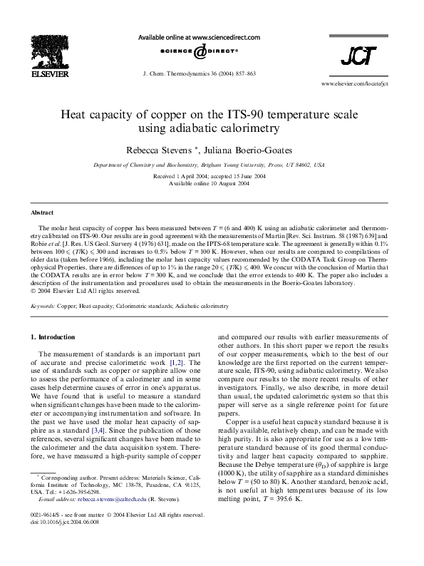 (PDF) Heat capacity of copper on the ITS90 temperature scale using adiabatic calorimetry