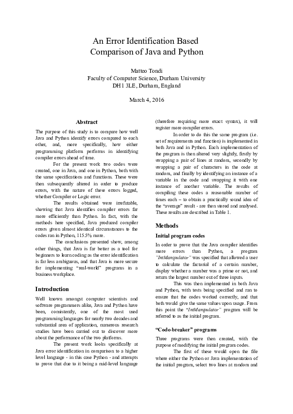 (DOC) An Error Identification Based Comparison of Java and Python