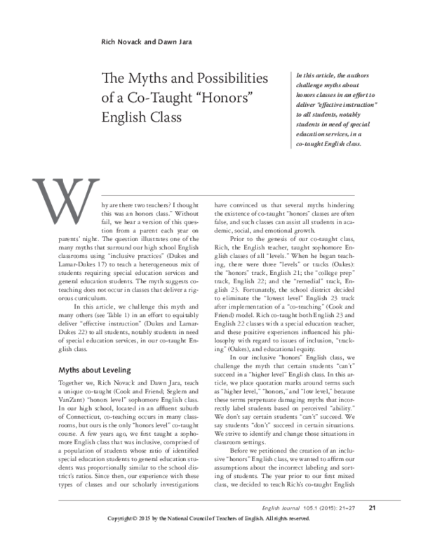 (PDF) Myths and Possibilities of a Co-Taught Honors English Class