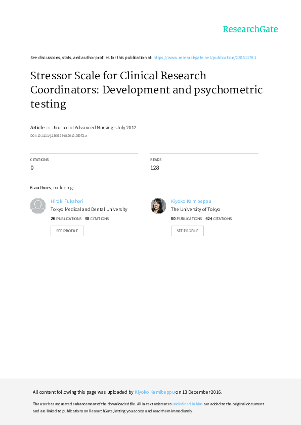 (PDF) Stressor Scale for Clinical Research Coordinators: development ...