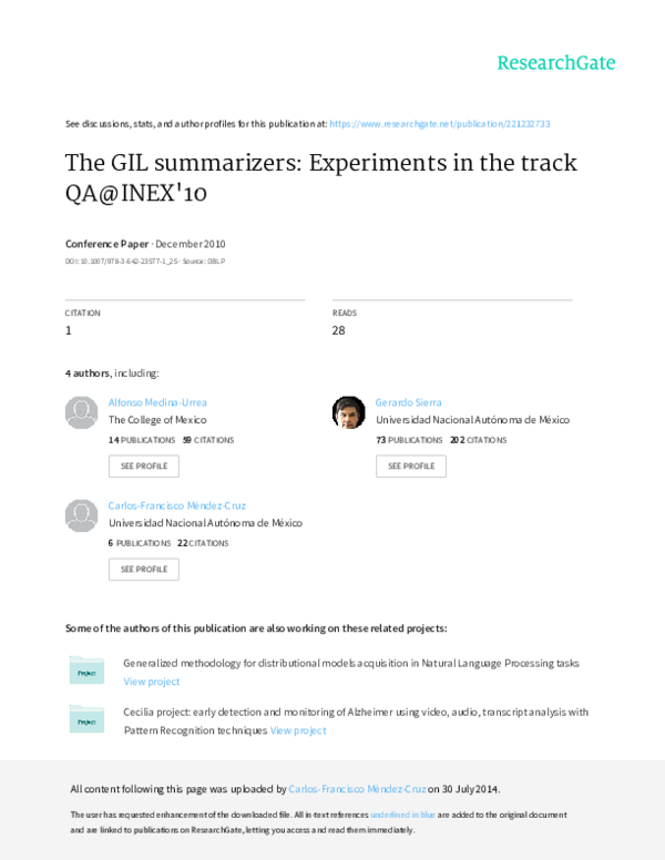 (PDF) The GIL Summarizers: Experiments in the Track QA@ INEX'10