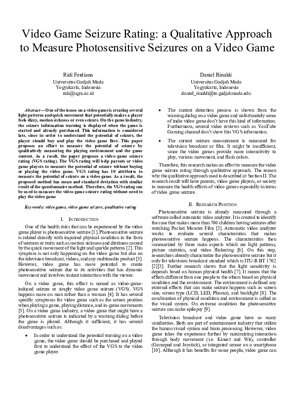 (PDF) Video Game Seizure Rating a Qualitative Approach to Measure