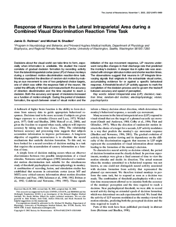 (PDF) Response of Neurons in the Lateral Intraparietal Area during a ...