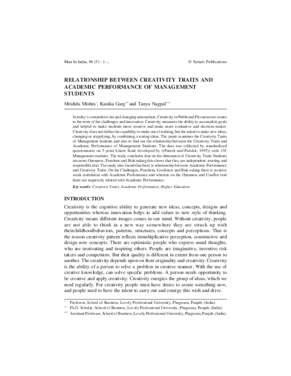 (PDF) RELATIONSHIP BETWEEN CREATIVITY TRAITS AND ACADEMIC PERFORMANCE ...